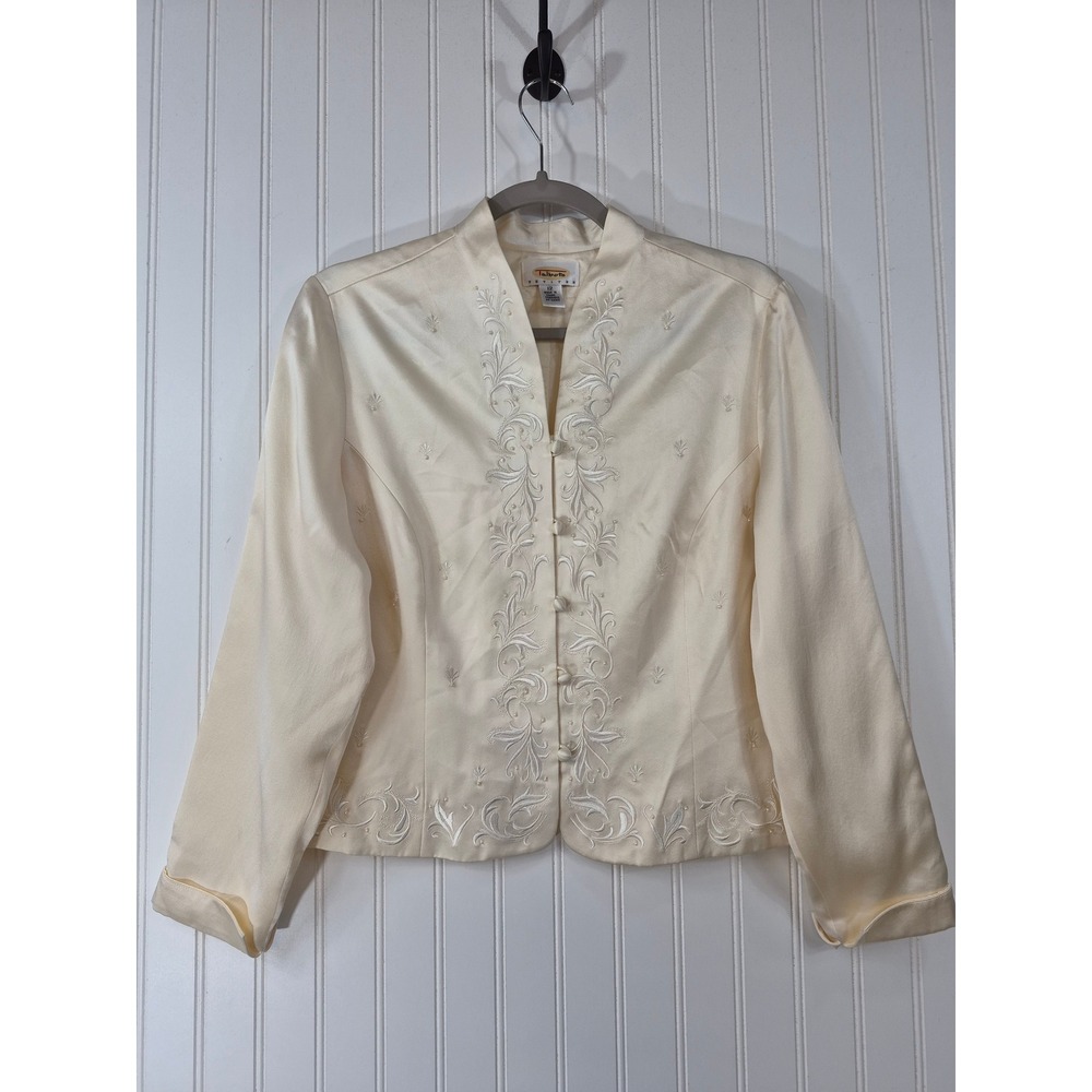 Vintage Talbots Cream 100% Silk Satin Embroidered Beaded Evening Jacket 12P